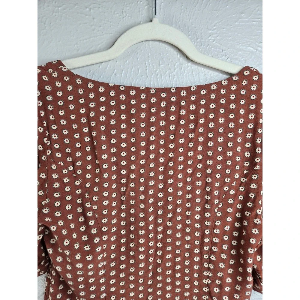 Free People Floral Button Front Blouse Small Brown Short Sleeve Boho Cottage Top